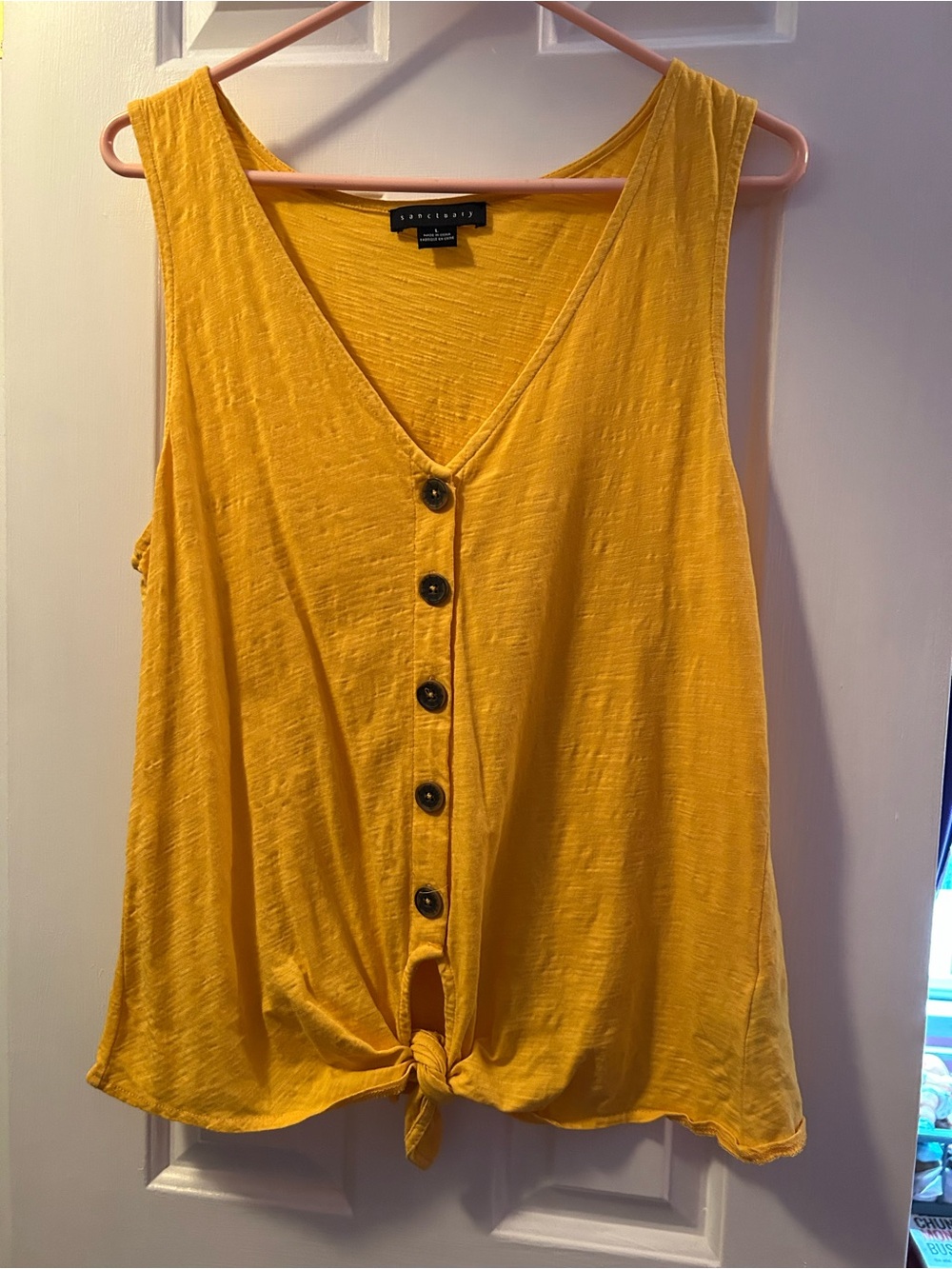 Sanctuary Yellow Button-Front Tie Tank Top